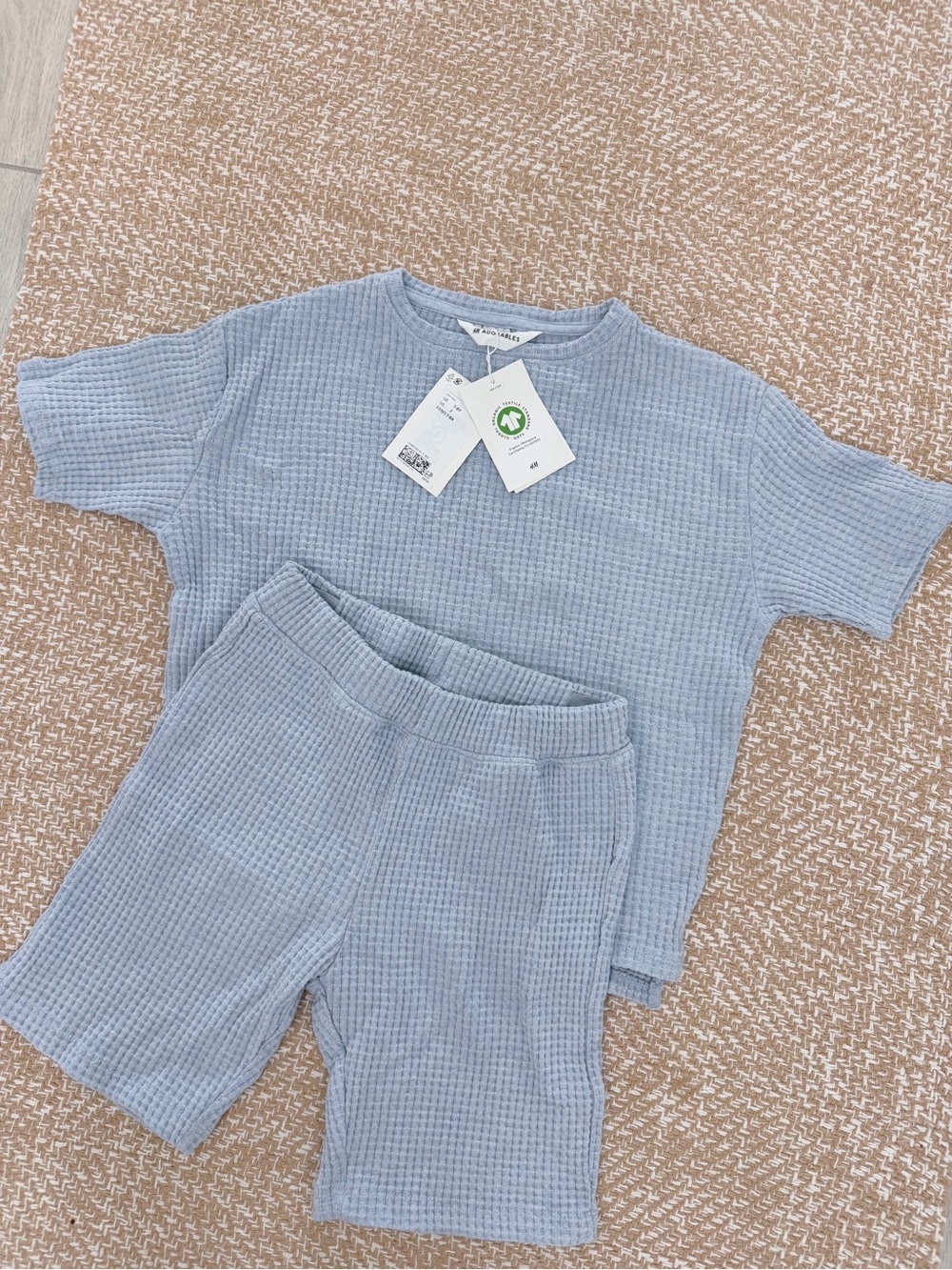 NWT H&M size 7-8Y Organic Cotton Light Blue Kids Waffle Knit Matching Set